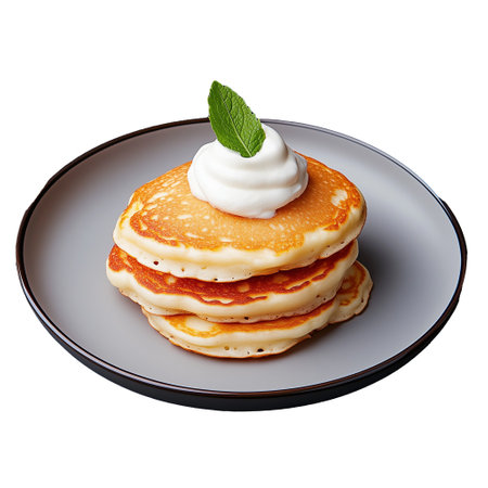 A tempting stack of fluffy pancakes topped with a dollop of cream and mint leaves on a plate, perfect for breakfast or brunch.の素材