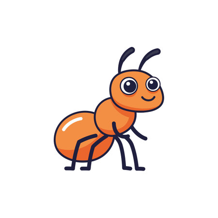 A lively orange ant with a smiling face and oversized eyes stands happily, showing its fun and vibrant character in a minimalistic style.のイラスト素材