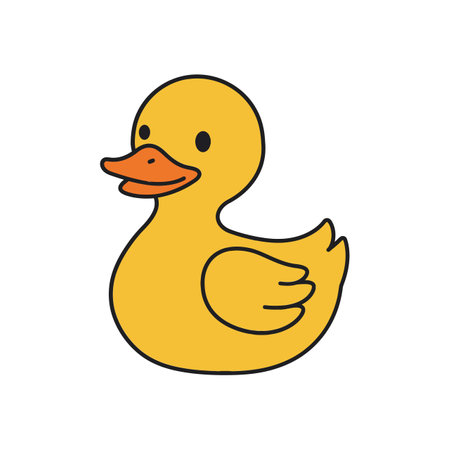 A cheerful yellow duck with an orange beak and simple features, radiating happiness in a playful and whimsical setting.のイラスト素材