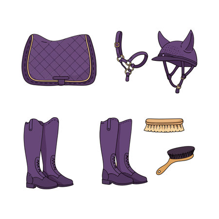A collection of purple equestrian equipment including a saddle pad, bridle, helmet, boots, and grooming brush, showcasing an organized and vibrant arrangement.のイラスト素材