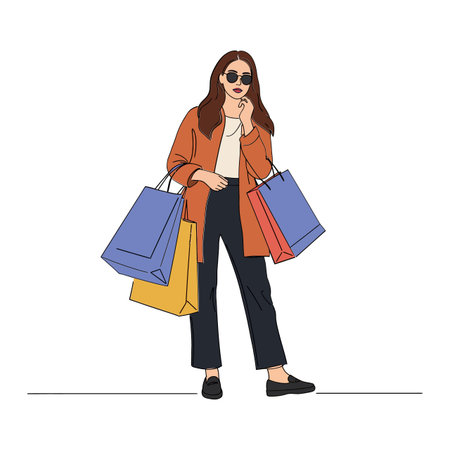 A fashionable woman in sunglasses holds multiple shopping bags, exuding confidence and style in a vibrant, urban atmosphere.のイラスト素材