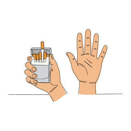 A hand displays a cigarette pack while the other hand presents an open palm, symbolizing a gesture of refusal or stop.のイラスト素材