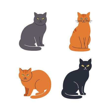 Four stylized cats sit peacefully, showing unique colors and expressions, creating a playful and cozy atmosphere in a flat design style.のイラスト素材