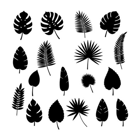 A diverse array of tropical leaves, showcasing unique shapes and designs, presented in black silhouettes against a white background.のイラスト素材
