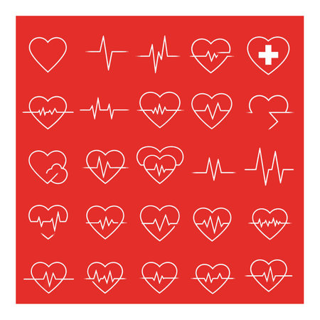A collection of heart icons and pulse lines on a vibrant red background, symbolizing health and vitality in a clean, minimal style.のイラスト素材