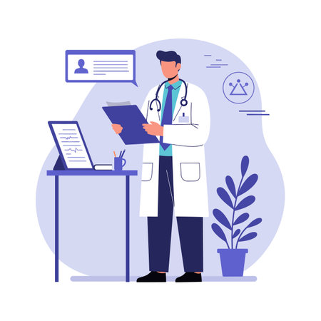 A healthcare professional stands at a desk, examining documents with a laptop, surrounded by a potted plant, exuding a focused and professional atmosphere.のイラスト素材