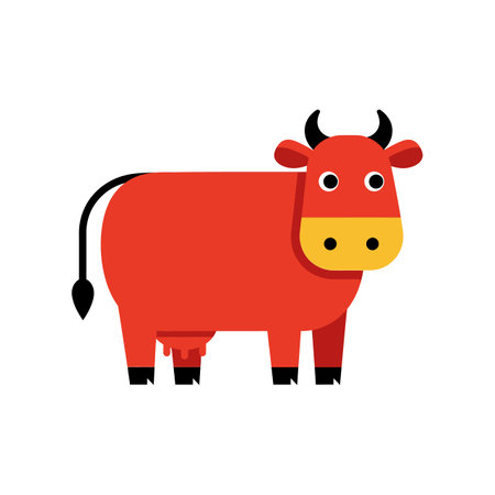 A playful red cow with a yellow face and black hooves stands confidently, radiating a friendly and cheerful atmosphere.のイラスト素材