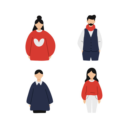 Four stylized characters showcase unique fashion choices and cheerful expressions in a vibrant, minimalistic setting.のイラスト素材