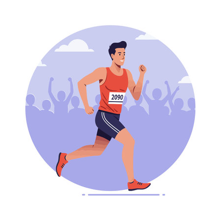 A male runner in a red jersey and black shorts joyfully races forward, energized by the supportive crowd in the background.のイラスト素材