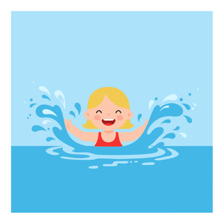 A joyful child in a red swimsuit splashes water playfully in a vibrant blue pool under a clear sky.のイラスト素材