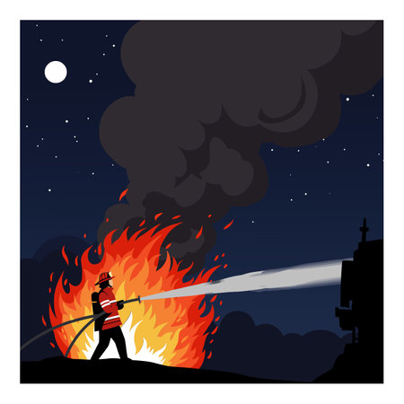 A firefighter sprays water on a large fire under a starry sky, showing bravery and urgency in a dramatic scene.のイラスト素材