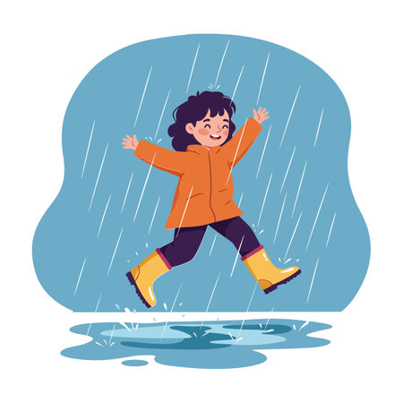 A joyful child wearing a bright orange raincoat and yellow boots jumps in a puddle, surrounded by falling rain, conveying a playful mood.のイラスト素材