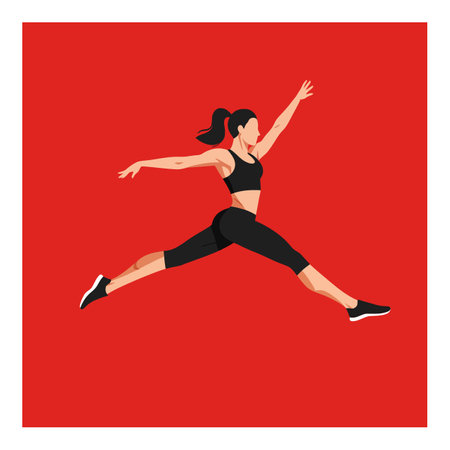 A woman in athletic wear effortlessly leaps forward, showcasing strength and agility in a bold, energetic scene.のイラスト素材