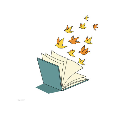 A vibrant open book releases a flurry of yellow and orange birds, symbolizing imagination and creativity in a whimsical scene.のイラスト素材