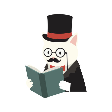 A distinguished cat, dressed in a suit and top hat, reads intently from a green book, exuding charm and intelligence.のイラスト素材