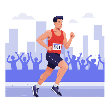 A male runner with a race number enjoys the atmosphere as enthusiastic spectators cheer him on during a running event.のイラスト素材