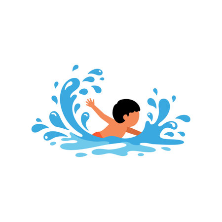 A cheerful boy swims energetically in vibrant blue water, creating playful splashes around him.のイラスト素材