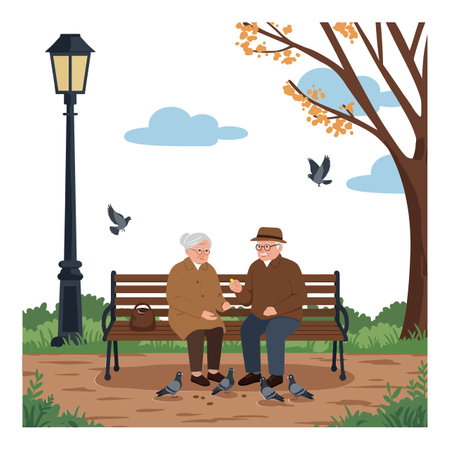 A senior couple sits on a wooden bench, enjoying each others company while feeding pigeons in a serene park setting.のイラスト素材