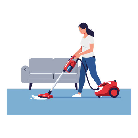 A woman in a casual outfit actively vacuums a blue carpet in her living room, creating a tidy and welcoming atmosphere.のイラスト素材