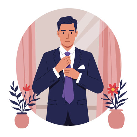 A well-dressed man stands in front of a mirror, adjusting his tie, surrounded by potted plants and flowers, conveying a sense of preparation and elegance.のイラスト素材