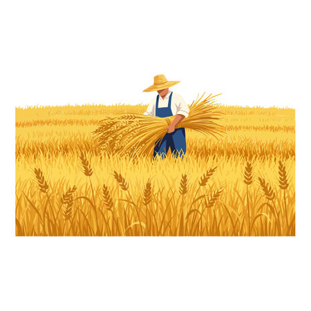 A farmer in a straw hat gathers golden wheat in a sunlit field, showing off hard work and connection to nature.のイラスト素材