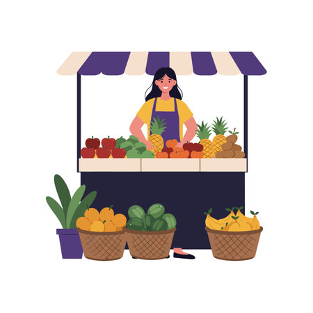 A cheerful woman stands behind a market stall, surrounded by colorful baskets of fruits and vegetables, showing off a lively market atmosphere.のイラスト素材