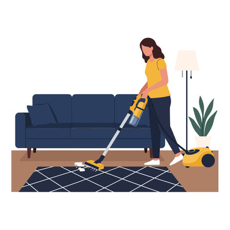 A woman in a yellow shirt efficiently vacuums a patterned rug in a cozy living room, creating a clean and inviting atmosphere.のイラスト素材