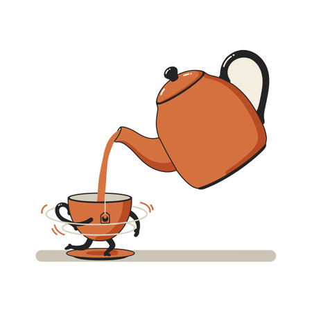 A playful orange teapot tilts to pour tea into a smiling cup, creating a lighthearted atmosphere.のイラスト素材