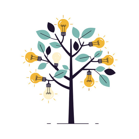 A stylized tree featuring colorful light bulbs as leaves, symbolizing creativity and innovation in a cheerful atmosphere.のイラスト素材