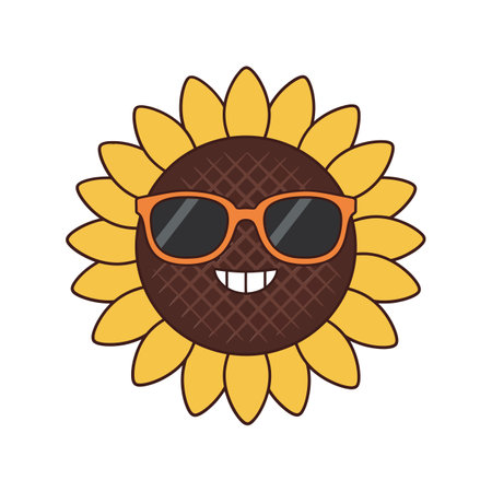 A smiling sunflower with a brown center and yellow petals dons stylish orange sunglasses, exuding a joyful and playful vibe.のイラスト素材