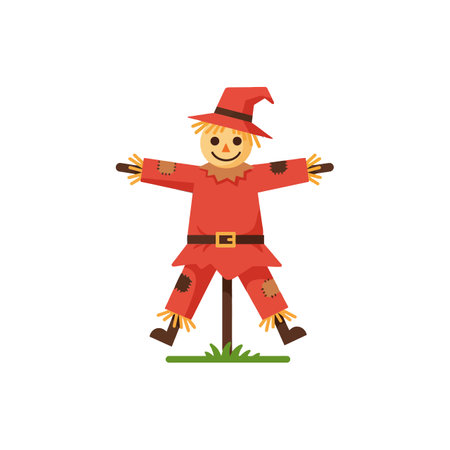 A friendly scarecrow in a red outfit and straw hat stands on a green base, exuding a whimsical and inviting atmosphere.のイラスト素材