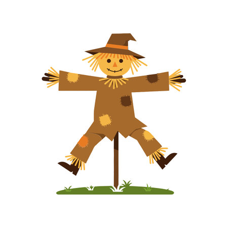 A bright scarecrow with a smiling face and patchy clothing stands on a post, surrounded by green grass, conveying a joyful rural atmosphere.のイラスト素材