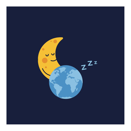 A cheerful moon with a friendly expression gently watches over the Earth, creating a serene and whimsical nighttime atmosphere.のイラスト素材