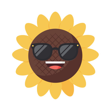 A joyful sunflower character with a brown center and vibrant yellow petals smiles while wearing stylish sunglasses, radiating a fun and playful atmosphere.のイラスト素材