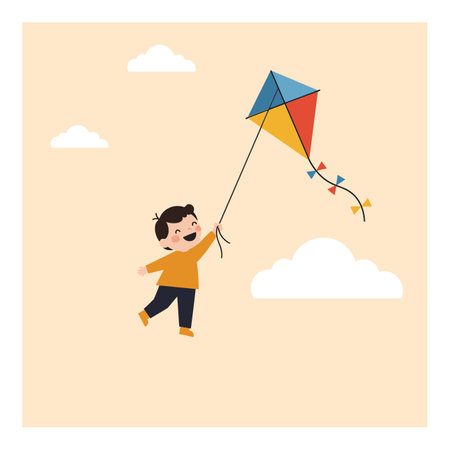 A cheerful boy in an orange shirt joyfully holds a colorful kite, surrounded by soft clouds against a pastel background.のイラスト素材