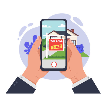 Two hands grasp a smartphone showcasing a house with a For Sale sign marked Sold, conveying achievement and satisfaction.のイラスト素材