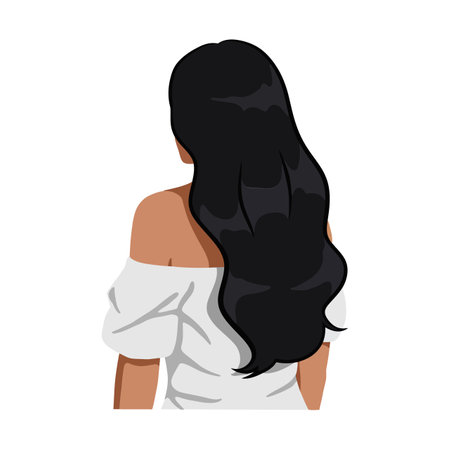 A woman with flowing black hair is seen from behind, dressed in a stylish off-shoulder white top, conveying elegance and simplicity.のイラスト素材