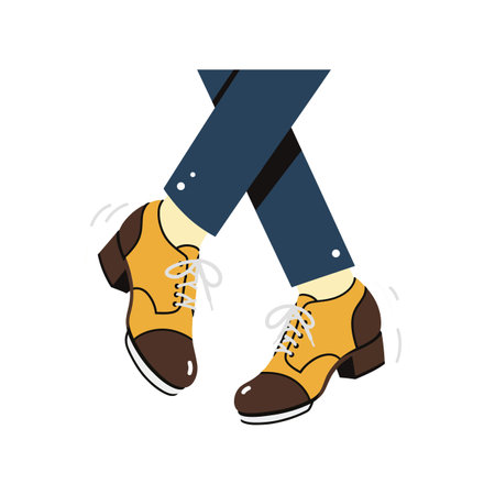 A pair of fashionable brown and yellow shoes rest on crossed blue pants, exuding a casual yet stylish vibe.のイラスト素材