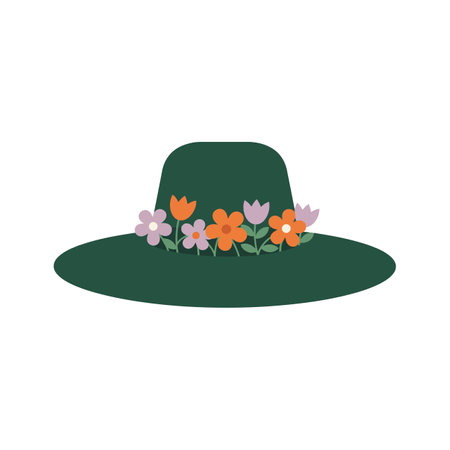 A green wide-brimmed hat features a vibrant floral decoration, showcasing a cheerful and stylish accessory for sunny days.のイラスト素材