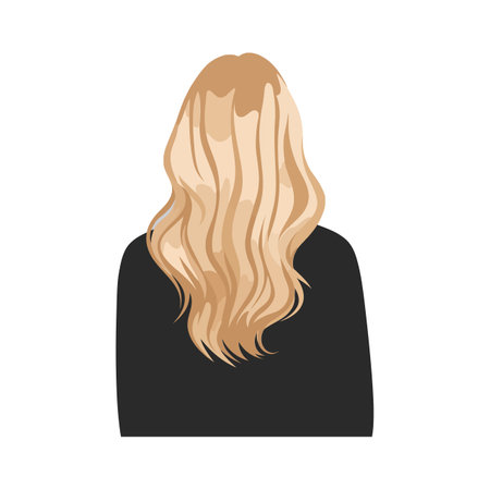 A woman with flowing blonde hair, dressed in a black sweater, stands with her back to the viewer in a minimalistic style.のイラスト素材