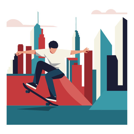 A skateboarder in a white shirt and black pants executes a trick above a colorful urban skyline, exuding energy and excitement.のイラスト素材