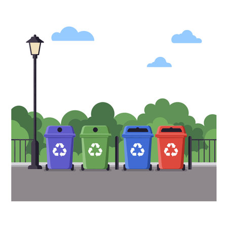 Four recycling bins in vibrant colors stand beside a lamp post, surrounded by lush greenery and a clear blue sky, promoting environmental awareness.のイラスト素材
