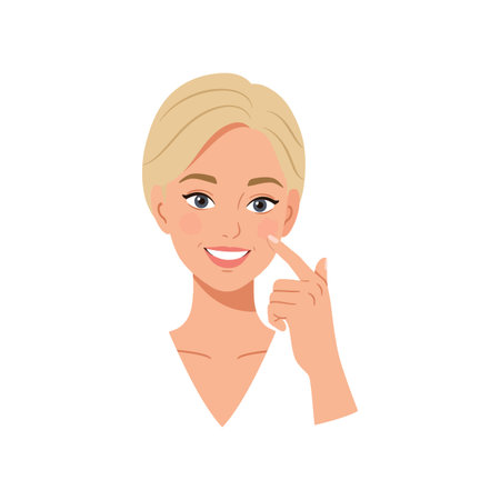 A cheerful young woman with blonde hair smiles while pointing to her cheek, conveying a friendly and engaging mood.のイラスト素材