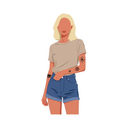 A fashionable woman with blonde hair stands confidently in denim shorts and a t-shirt, displaying intricate tattoos on her arms.のイラスト素材