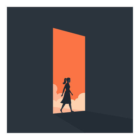 A girl with a ponytail walks confidently through an open door, illuminated by a vibrant orange backdrop, evoking a sense of hope.のイラスト素材