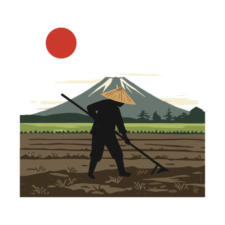 A silhouetted farmer in a conical hat tills the soil, surrounded by mountains and a vibrant red sun, conveying a sense of tranquility.のイラスト素材
