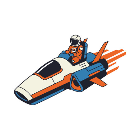 An astronaut confidently pilots a futuristic rocket ship, leaving vibrant trails of flames in a dynamic space scene.のイラスト素材