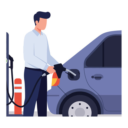 A man dressed in a light blue shirt refuels a gray car at a gas station, representing everyday life in a bustling environment.のイラスト素材