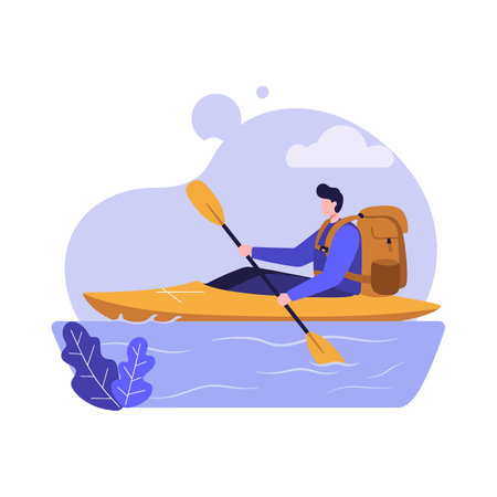 A man in a blue jacket paddles a yellow kayak across calm waters, surrounded by gentle waves and soft clouds, evoking a sense of tranquility.のイラスト素材