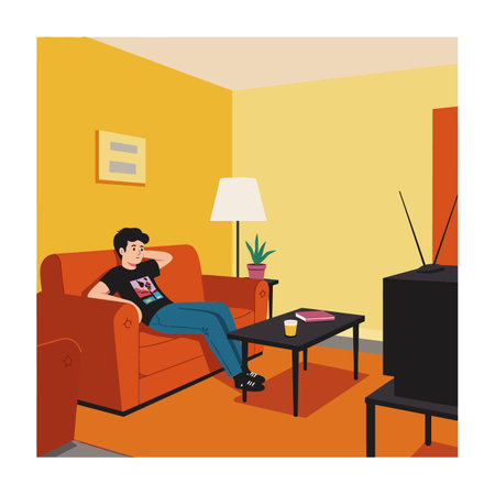 A young man in casual attire lounges on an orange couch, enjoying a show on TV, surrounded by warm colors and a cheerful atmosphere.のイラスト素材